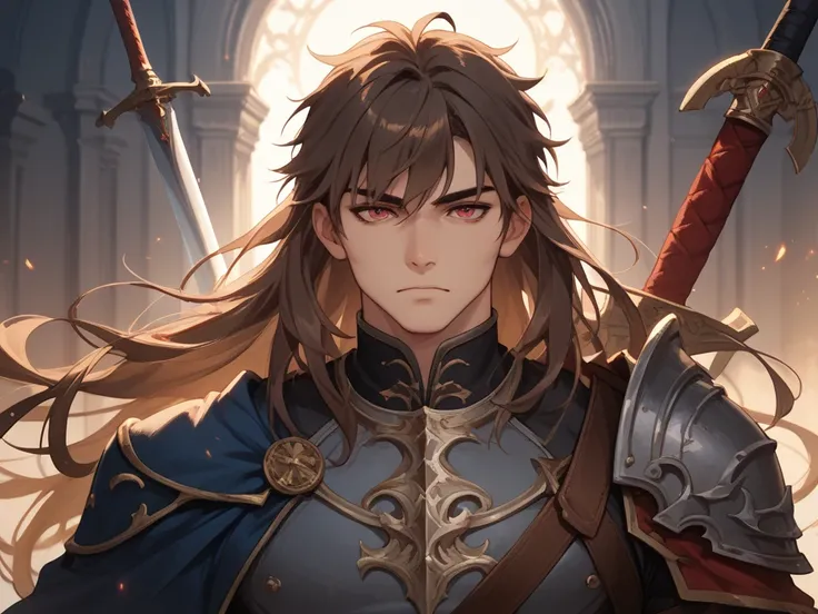 male,  fantasy,  long hair,  have brown hair,  long hair, Deep impression , black eyebrows ,  red eyes, warrior, Strong , Imposing , Greatsword,  bangs ,  is in good health, Handsome, Bust shot