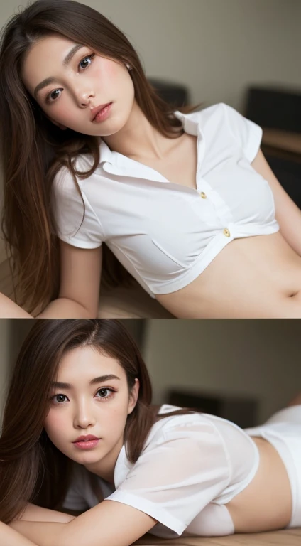 、 Girl Sitting 、、 White Shirt with a Pinch Open Collar 、 real eyes 、 beautiful eyelashes、 high resolutionの顔、 Wear a short white shirt with a visible belly button, naked , big , big breasts, zoom out、woman&#39; room background、20 Talents 、 best quality angl...