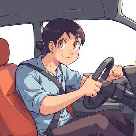 A man driving in a car 、 anime illustration、 Cartoon Designs 、 Simple Illustrations、 detailed illustration、Thick Line、 Clear Lines 、Clear Colours 、