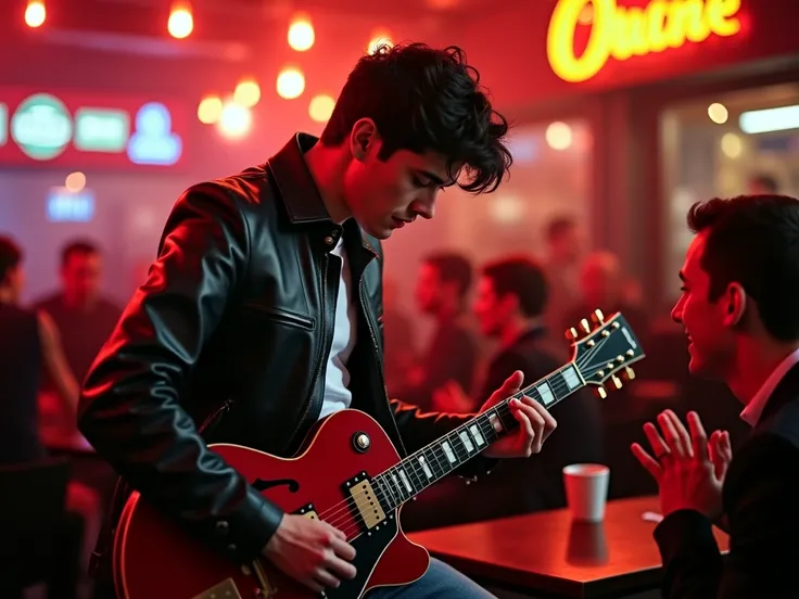 Eddy willemsen, bows his head to the audience at pub all claps and laughs to him. red guitar,dressed up on a black leather jacket and white inner wear,  black hair with fade blue jeans,make this in a cinematic form and the camera showcasing the character