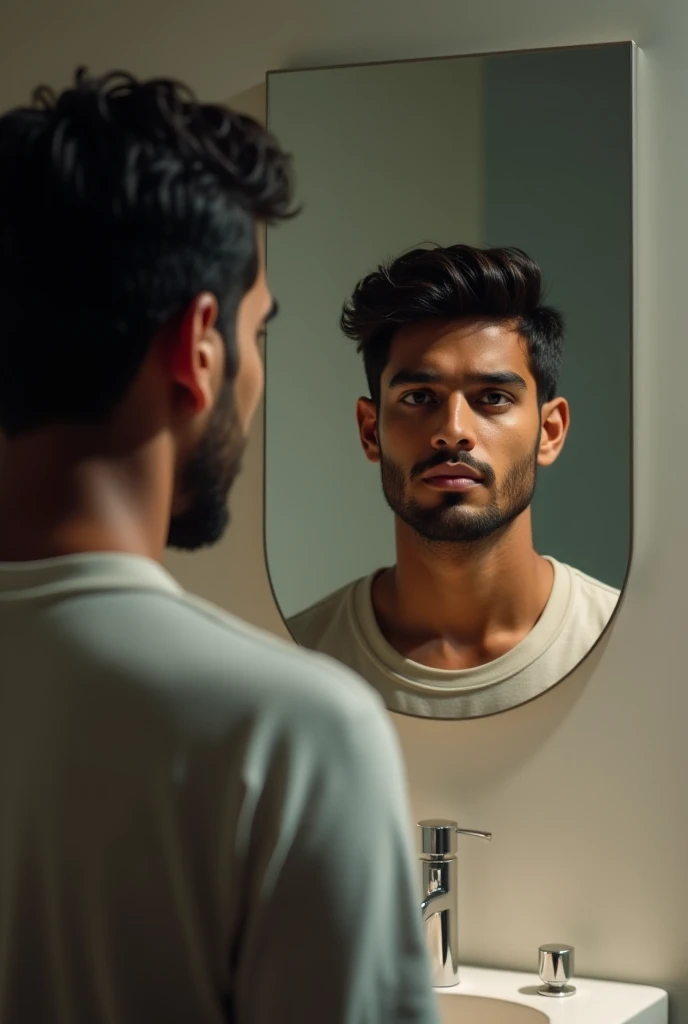 Je voudrais avoir une photo d'un jeune indien devant un mirroir de toilette 