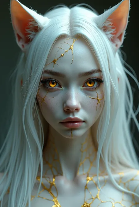 A mystical humanoid woman with cracked porcelain skin, golden Kintsugi veins running across her face and body, feline golden eyes, silver-white flowing hair, subtle but striking makeup, animalistic cat ears, fantasy cyberpunk aesthetic, ultra-detailed, cin...