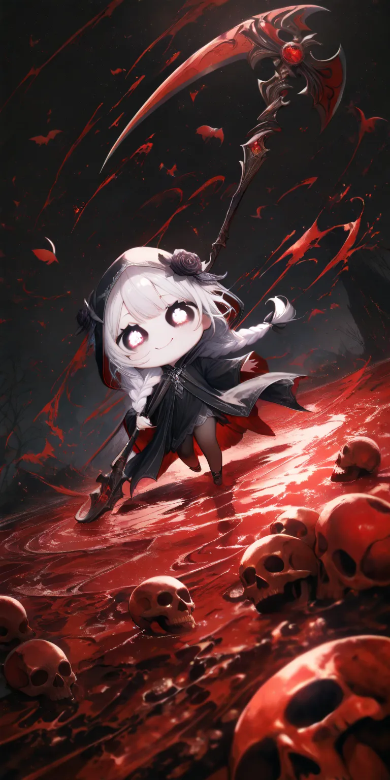 solo,1girl\(grim reaper,cute,kawaii,(chibi),hair color white,braid hair,messy hair,eye color beautiful deep dark,detailed eyes,white skin,pale skin,big soft kind smile,enjoy,full body,wearing Grim Reaper's black Robe,(wear black hood deeply),holding scythe...