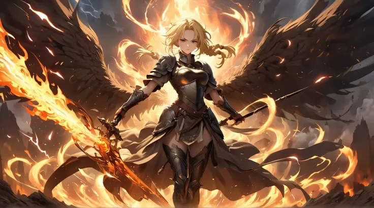 ((  Top Quality)),(  ultra high resolution),(  very detailed),(  detailed explanation ),((  best CG  )),(  Best Artwork  ), Ultra-precise art,  Amazing Painting Art,(Exquisite art:1.5),  dark fantasy art,   Female Angels, Blond hair tied in braids,  a beau...