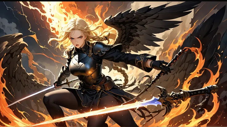 ((  Top Quality)),(  ultra high resolution),(  very detailed),(  detailed explanation ),((  best CG  )),(  Best Artwork  ), Ultra-precise art,  amazing painting art,(Exquisite art:1.5),  dark fantasy art,   Female Angels, Blond hair tied in braids,  a beau...