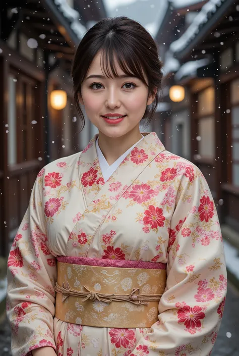(((full body))), best quality, masterpiece, super high resolution, beautiful Japanese girl, Kind Face, green eyes, kind smile, Curvy Body, big boobs, updo brown hair, Japanese female Cloth Outfit, Japanese kimono, In Old Japanese-style street, snow, night:...