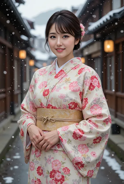 (((full body))), best quality, masterpiece, super high resolution, beautiful Japanese girl, Kind Face, green eyes, kind smile, Curvy Body, big boobs, updo brown hair, Japanese female Cloth Outfit, Japanese kimono, In Old Japanese-style street, snow, night:...