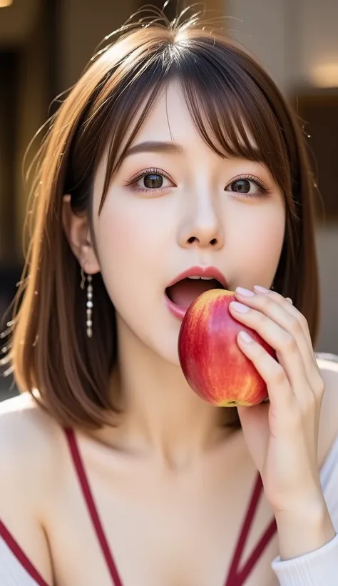 12K、HDR、  Japanese、  bit depth  、I'm nibbling on an apple、Open your mouth very wide、I can see the tongue、Teeth are visible、They are eating apples deliciously、 loose chest、