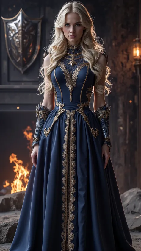  realistic， Height Detailed Beautiful Woman's Head ， Long blonde hair ，she的臉清晰可見，（ On a Body Fully Fixed in Navy Blue Dress：3） blue and gold trim ，she（face camera：3），she的臉和眼睛， neck normal ， Hands Correctly Formed With Only 4 Fingers and Thumbs （ Neon Outli...