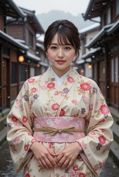 (((full body))), best quality, masterpiece, super high resolution, beautiful Japanese girl, Kind Face, green eyes, kind smile, Curvy Body, big boobs, updo brown hair, Japanese female Cloth Outfit, Japanese kimono, In Old Japanese-style street, snow, night:...