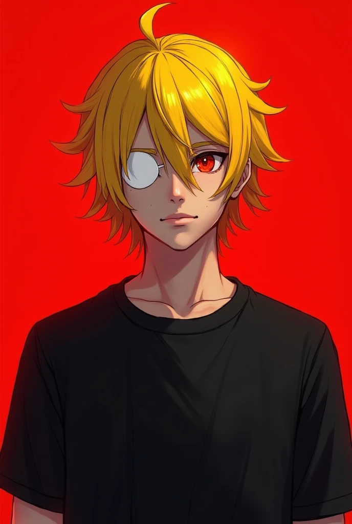 SD picture ,I put a white eye patch on my left,man, I wear a black neck tee, hair is yellow , eye color is red , eyelashes yellow ,Two-legged character, background red 