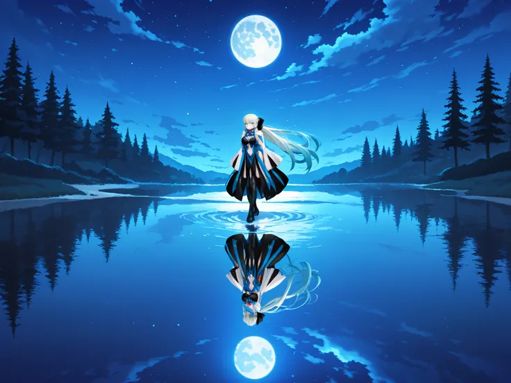 1girl, solo, Morgan le fay, fate grant order, standing on the shore of the lake, night, looking at the moon, reflection in the water 