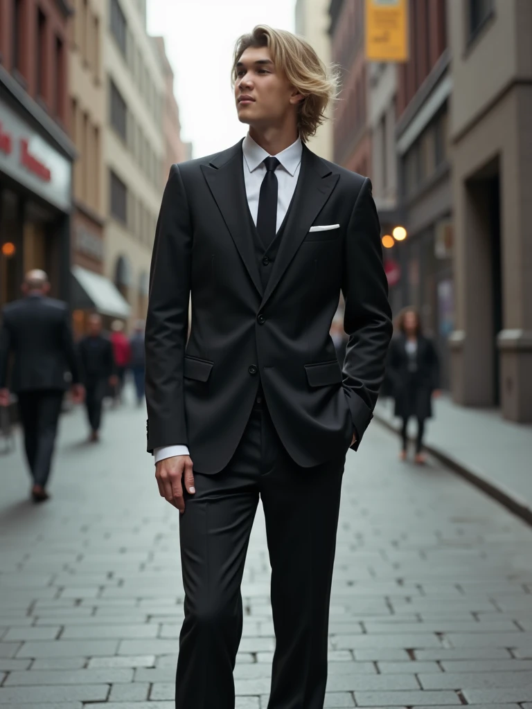 there is a man standing on a sidewalk in a suit, wearing causal black suits, in a suit, kurt cobain, wearing black suit, in a black suit, he is wearing a suit, wearing a black suit, wearing a black noble suit, wearing black grey suit, dressed in a suit, we...