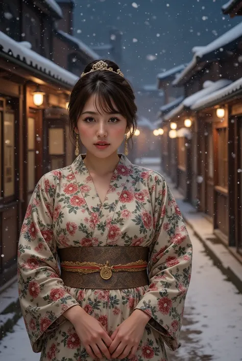 (((full body))), best quality, masterpiece, super high resolution, beautiful Japanese girl, Kind Face, green eyes, kind smile, Curvy Body, big boobs, updo brown hair, Japanese female Cloth Outfit, Japanese kimono, In Old Japanese-style street, snow, night:...