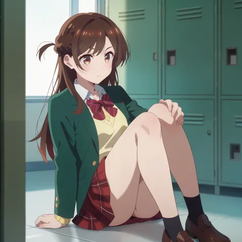  green, watches viewers, Alone, Chizuru Ichinose, 1 girl, brown hair, long hair, French Braid , brown eyes,  school uniform , green jacket, yellow sweater , bow tie,  plaid skirt that breaks small breasts, red skirt,  Black Sox,  indoors, locker,  window_,...