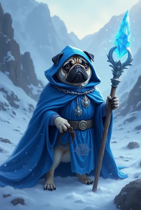 Cold mage pug with blue cloak and staff