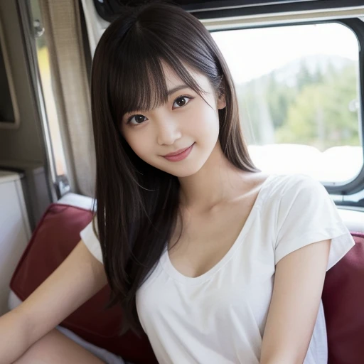 A woman lying on a sofa bed in a camper, wearing a white T-shirt and cute red panties, with a relaxed expression, lit by soft bulb-colored light.In the background, the surrounding trees and scenery are vaguely reflected, creating a pleasant atmosphere. It'...