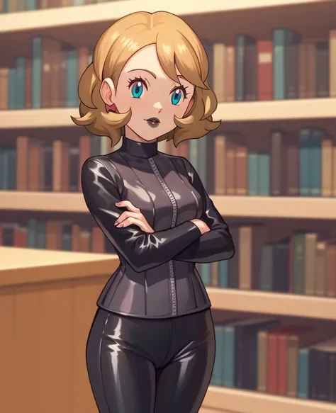 Serena from Pokemon,  short hair ,  black lipstick, black jacket,  purple blouse,  black latex pants ,  in a library ,  arms crossed.