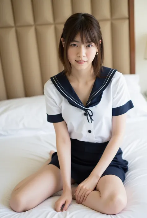 (Masterpiece, Best quality: 1.4), (Ultra realistic, Photo-realistic: 1.3), (nsfw:1.8), Natural light, 26 years old actor, Japanese woman, Neat and clean,  (Wearing Sailor suit, short sleeve: 1.2), (Dark navy skirt: 1.2), (Wearing white sock: 1.2), (White p...