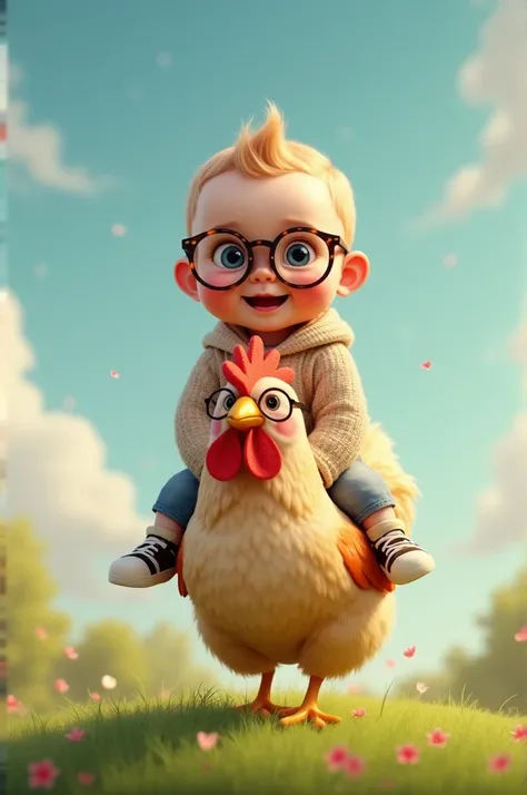 Baby boy having beautiful glasses and rides on a beautiful hen also having glasses