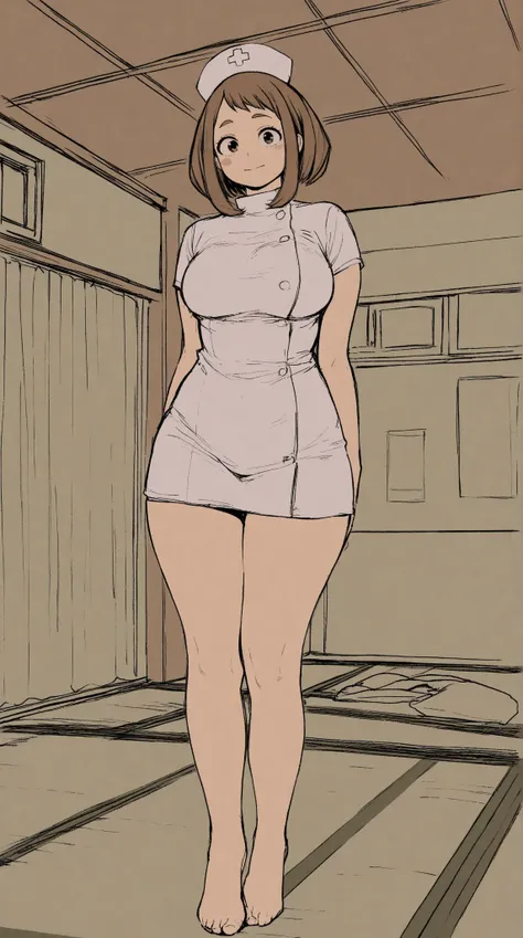 (muted colors:1.3),(line art:1),(sketch:1),(photorealistic:0.8),uraraka ochako,(beautiful detailed face:1.1),wide hip,(wide thighs:0.9),(large medium breasts:1),(tatami room:1.1),curvy,full body,Nurse costume