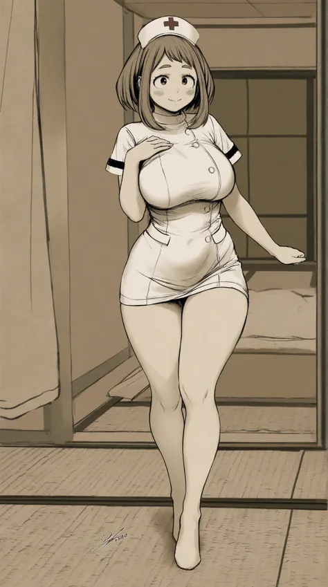 (muted colors:1.3),(line art:1),(sketch:1),(photorealistic:0.8),uraraka ochako,(beautiful detailed face:1.1),wide hip,(wide thighs:0.9),(large medium breasts:1),(tatami room:1.1),curvy,full body,Nurse costume