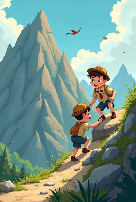 Cartoon image of two boy scouts without hats climbing a mountain that one is holding the other in order to climb