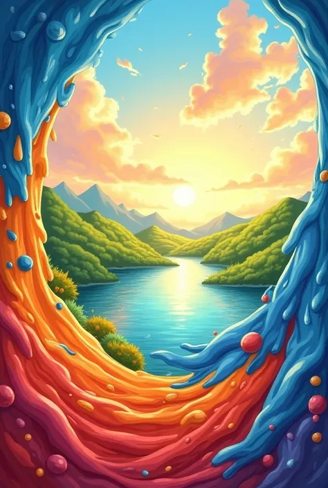 A vibrant and magical cartoon-style background featuring a playful blend of blue, orange, and red colors, merging smoothly like a painter’s brushstroke. The scene is filled with whimsical paint splashes and swirling colors, creating a dreamy and artistic a...