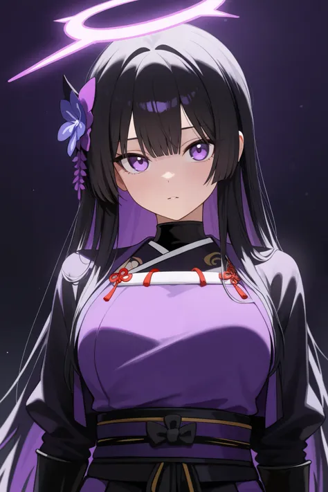 1 girl, Hair length reaches the back, Black hair and purple on the edges of the hair, purple eyes, but not bright, wear a sexy samurai outfit, หน้าอกไซส์ปานกลาง, have a purple halo