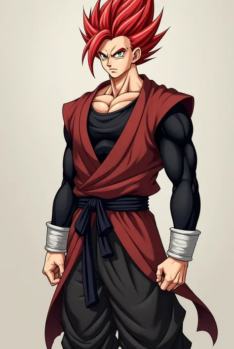 a man with bristling red hair like that of a Saiyan with a moderate length in the shape of a flame with a tuft on his forehead,  emerald green eyes , a serene and serious look , The body is muscular and lean, measures 1 ,80 cm and is wearing a wine red dog...