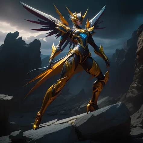 - Photorealistic with perfect details, Cinematic, Masterpiece, HD, Sexy CGI.

- Beautiful "Japanese" woman, long hair (Blonde yellow).

- Wearing a costume ("Full Sexy Armor"), a costume that embodies the form of "Airdramon-Digimon", (Armor Chest and Thigh...