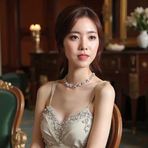  bright photo of a beautiful Asian girl with pale skin, wearing a formal dress with jewelry ,  in a mansion , dslr,  studio lighting ,  high quality,  light reflections,