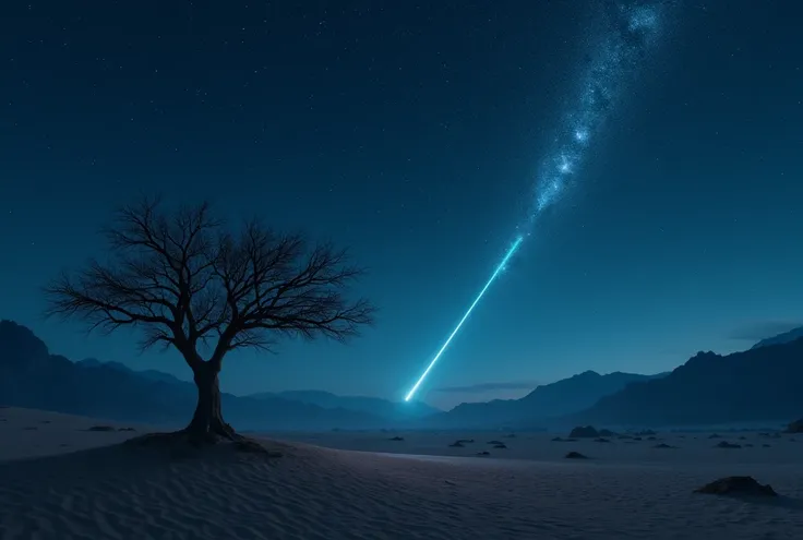 Landscape, Dark desert, one single tree, night time, night sky filled with stars, shooting star with long light trail illuminating the landscape