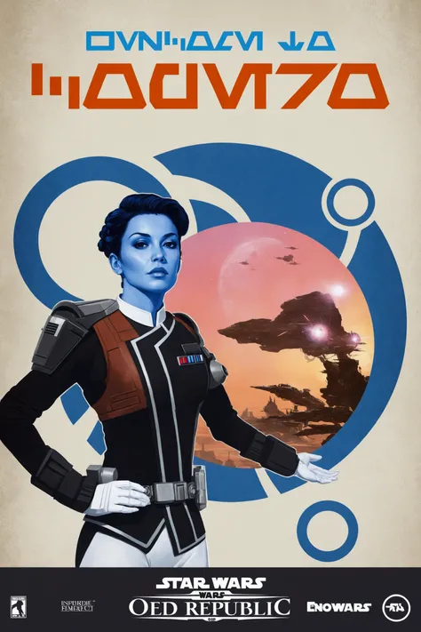 il y a une affiche d'une femme dans un costume de Star Wars, inspiré par Eve Ryder, sigma femelle, “ femme sur une rive galactique, style mass effect, eve venture, d'une femme futuriste selk'nam, inspiré par Rajmund Kanelba, membre d'équipage d'un vaisseau...