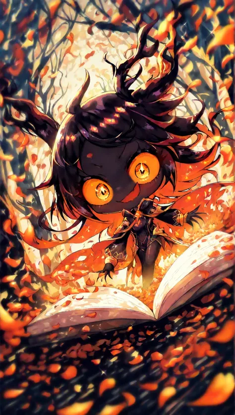 (solo:1.3), 1girl\(hzk,devil,chibi,pure black skin,cute,kawaii,big eyes,evil smile,long nail,orange eyes,orange sclera,detailed pupils, (looking down),wearing capelet\(very big,(very long),Tattered\), (backlit),\). BREAK .background\(refreshing mood,(petal...