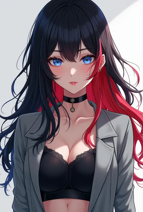 Asian Girl, Black Hair, Red Hair, Blue Eyes, Gray Jacket, Black Underwear, Anime