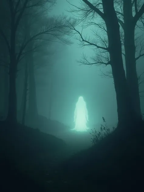  A faint, ghostly lantern glow appears in the far distance, illuminating the misty forest in an eerie, unnatural light