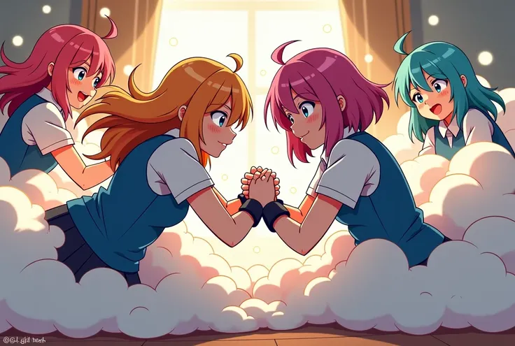 An anime-style illustration depicting many spy-girls playfully wrestling with each other inside a room comical fight cloud.
each spy-girl has different colored hair.
their faces,hands,and feet are visible emerging from the cloud as they tussle humorously, ...