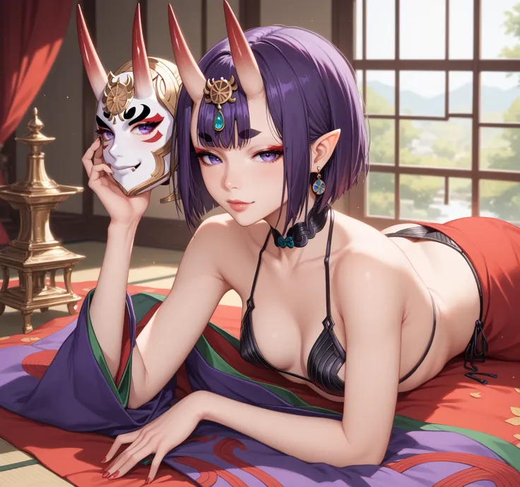 (( top quality)), (( Masterpiece)), ( Details),  sexy, shuten_doji, purple eyes, earrings, eyeshadow, horns, makeup, oni horns, purple hair, red eyeshadow, short eyebrows, short hair, single earring, pointy ears, jewelry,  ecstatic expression, mask bikini,...