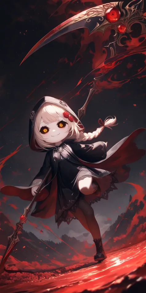 solo,1girl\(grim reaper,cute,kawaii,(chibi),hair color white,braid hair,messy hair,eye color beautiful deep dark,detailed eyes,white skin,pale skin,big soft kind smile,enjoy,full body,wearing Grim Reaper's black Robe,(wear black hood deeply),holding scythe...