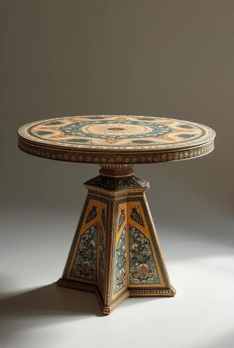 Make table inspired from Islamic architecture and inspired by paintings that talk about ghaza , Palestine and use little colors of their paintings 