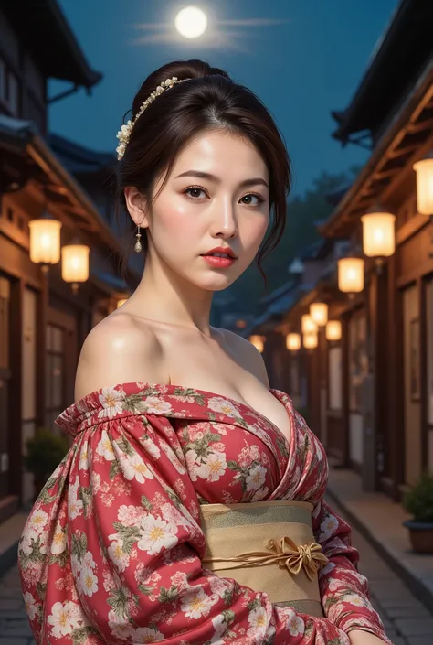 (((full body))), (((full body shot))), best quality, masterpiece, super high resolution, beautiful Japanese girl, Kind Face, green eyes, kind smile, Curvy Body, big boobs, updo brown hair, Japanese female Cloth Outfit, Japanese kimono, (((off shoulders:1.5...