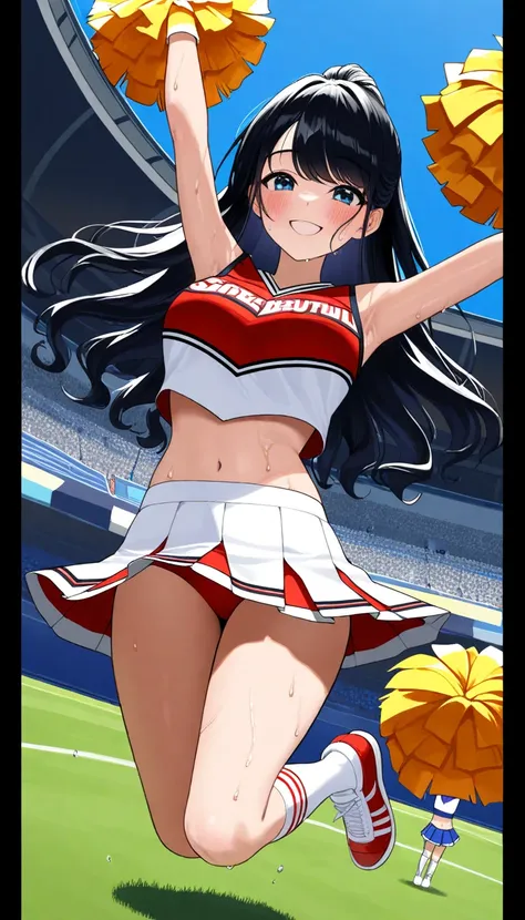 ( beautiful girl : 1.3), in the seat,( cheerleader, with pompoms, skirt,sweat), black hair, wave hair,smile,blush, is bashful, jumping up and down , moving, Dynamic Angle,blue sky, STADIUM,masterpiece, top quality, ultra high resolution, rich contrast, hig...