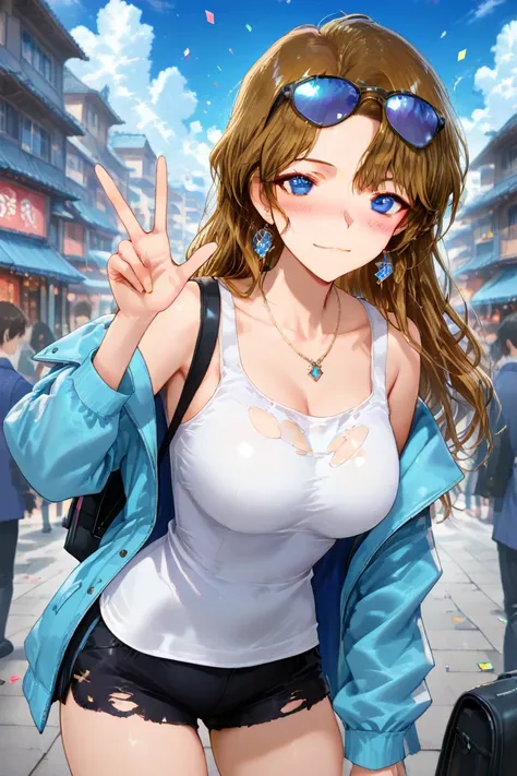 1 girl,brown hair,looking at viewer,blush,smile,long hair,bangs,blue eyes,shirt,long sleeves,jewelry,big breasts,closed mouth,white hair,standing,collarbone,jacket,white shirt,ahoge,cowboy shot,earrings,outdoors,open clothes,sky,shorts,day,cloud,hand up,ne...