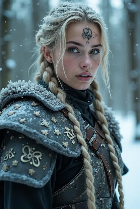 a very beautiful berserker woman, long braided ash blonde hair, frost clings to her skin, only a few bangs of hair, traditional makeup, quinn, visually appealling, slush, female gigachad, barbarians, episode, a still of an ethereal, hauntingly beautiful, w...