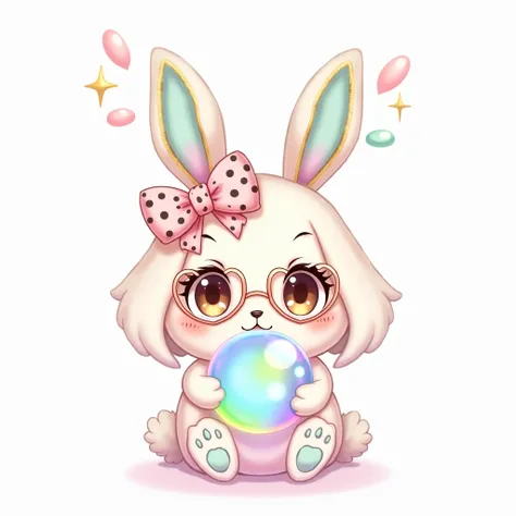  Create a kawaii-style illustration / anime of a bunny on a white background with a very colorful design .  The bunny must have a large pink ribbon with black dots and gold edges placed between her long ears,  which have a multicolored pattern in pastel to...