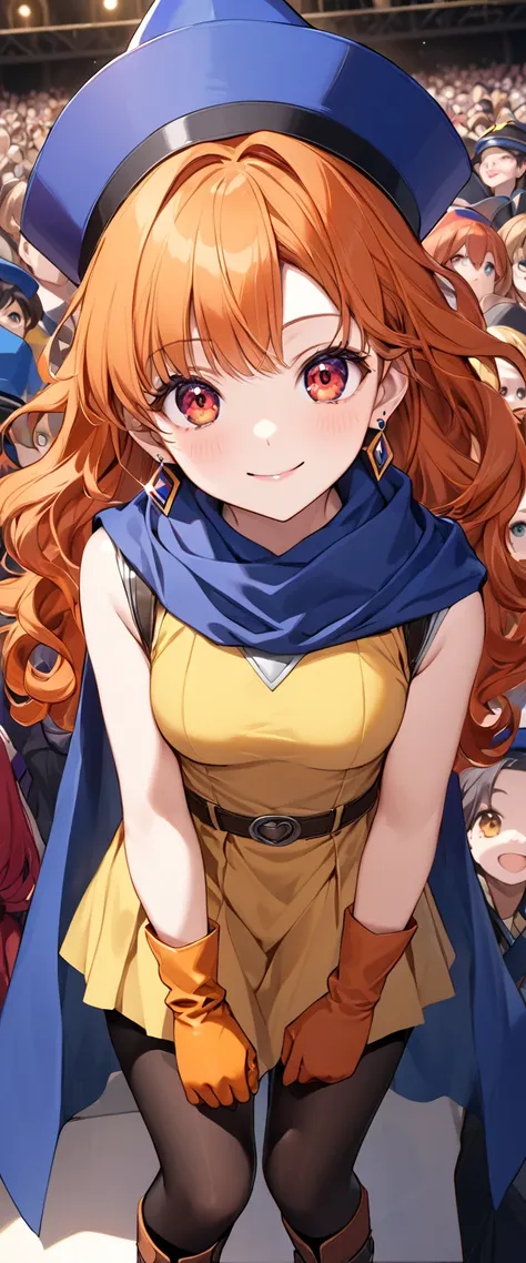 Arena - DQ4、DQ4-Arena、 black pantyhose、 Blue Cloak、 blue hat、 boots、Curly Hair、 earrings、 long hair、 orange gloves 、 orange hair、 red eyes、 sleeveless、 yellow dress、 yellow skirt、 1 girl、One person、In-person audience、 stares at the viewer、smile