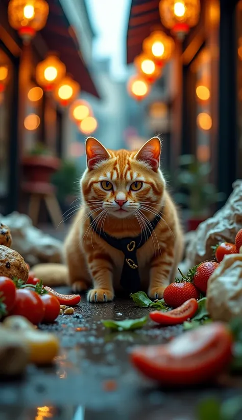 A realistic and atmospheric scene of the poor orange cat with tattered clothes searching through the garbage behind a luxurious restaurant. The alley is dark and damp, filled with discarded gourmet food and trash bags. The contrast between the rich restaur...