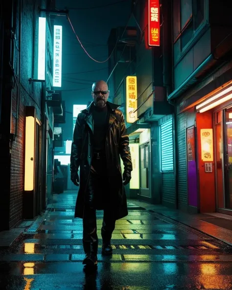 Walter White character in a cyberpunk theme, portrayed as a half-man with a robotic arm, set in a neon-lit alley with glowing advertisements, wearing a futuristic dark trench coat, complex emotional expression reflecting determination and conflict, vibrant...