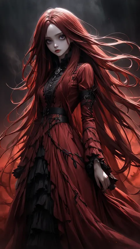  Tim Burton's Style、 extremely realistic 、 red costume、Red Mist、 straight long hair、